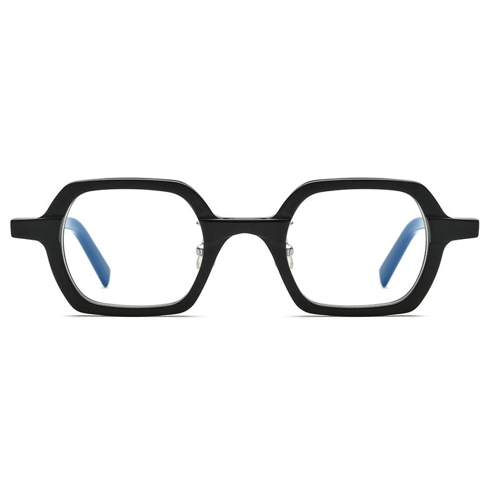 A front view of bold, chunky black geometric-shaped glasses, featuring sharp lines and blue-lined temples.