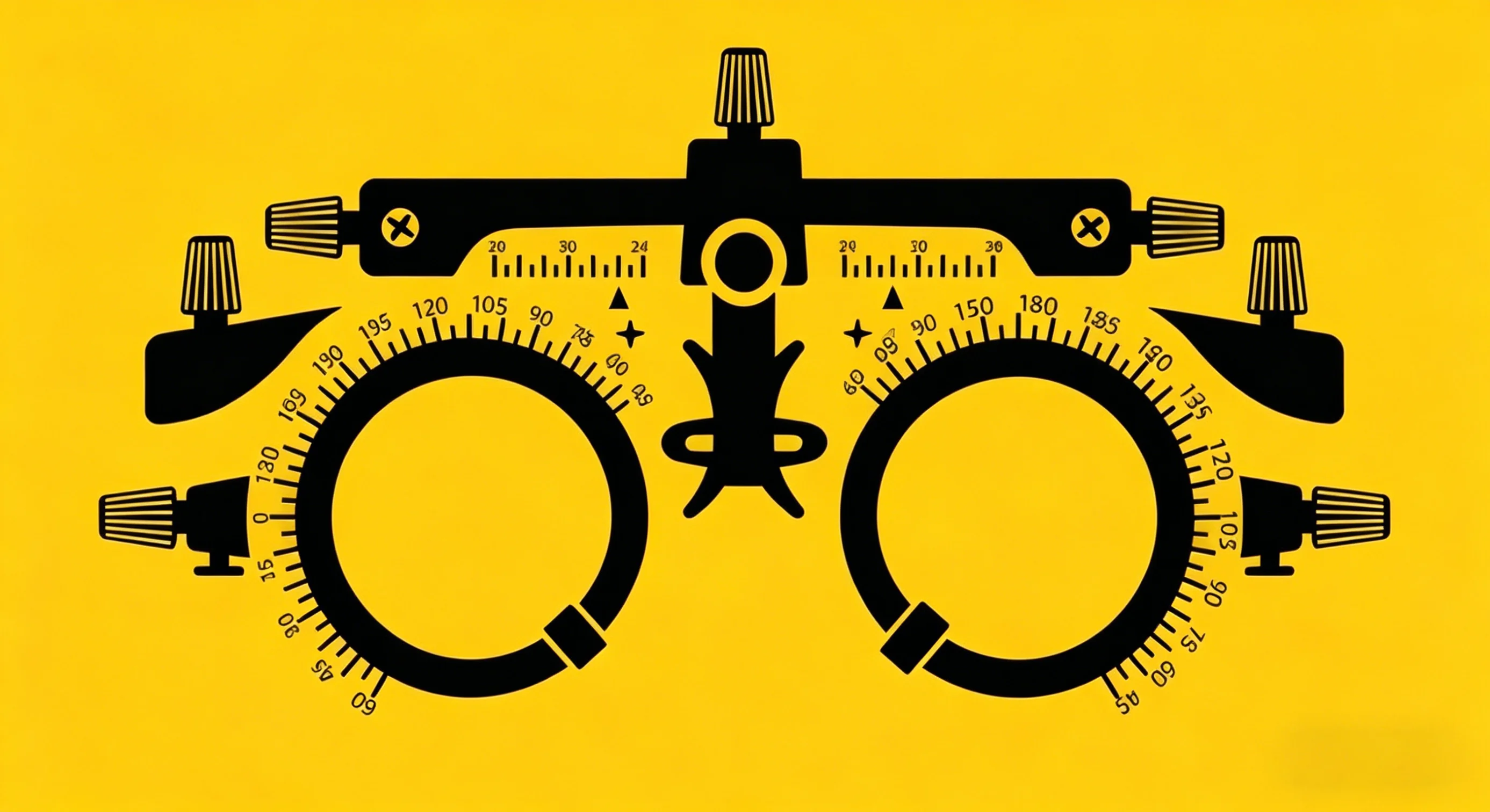 A minimalist-style illustration. The background is a bright yellow, with a black silhouette of an optometric trial frame centered in the middle.