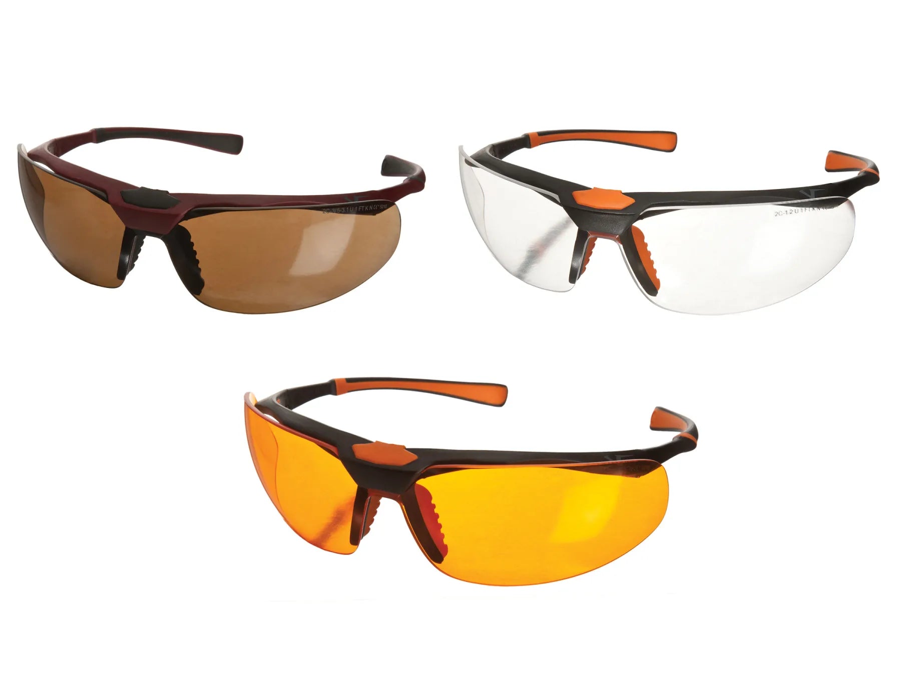 Three models of professional protective sports goggles—featuring deep amber, clear, and bright orange lenses—paired with red and black bi-color frames.