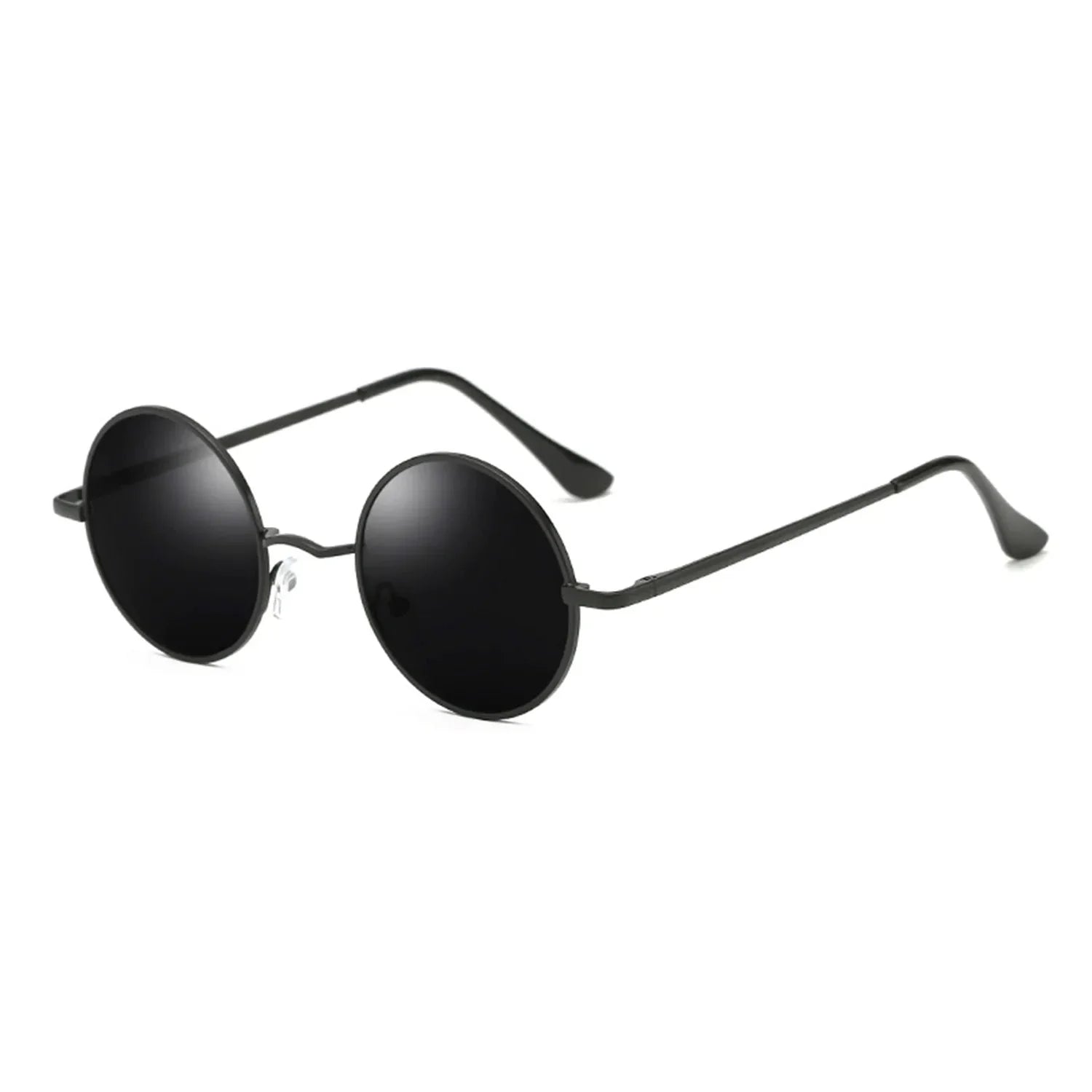 Round sunglasses with thin black metal frames—minimalist style.