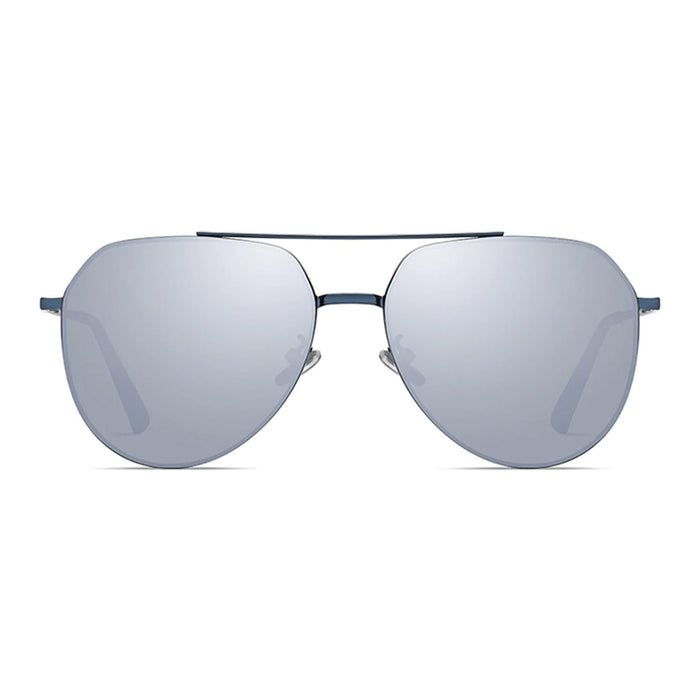 A front view of modern-style aviator sunglasses, featuring minimalist thin blue metal frames and silver mirrored lenses.