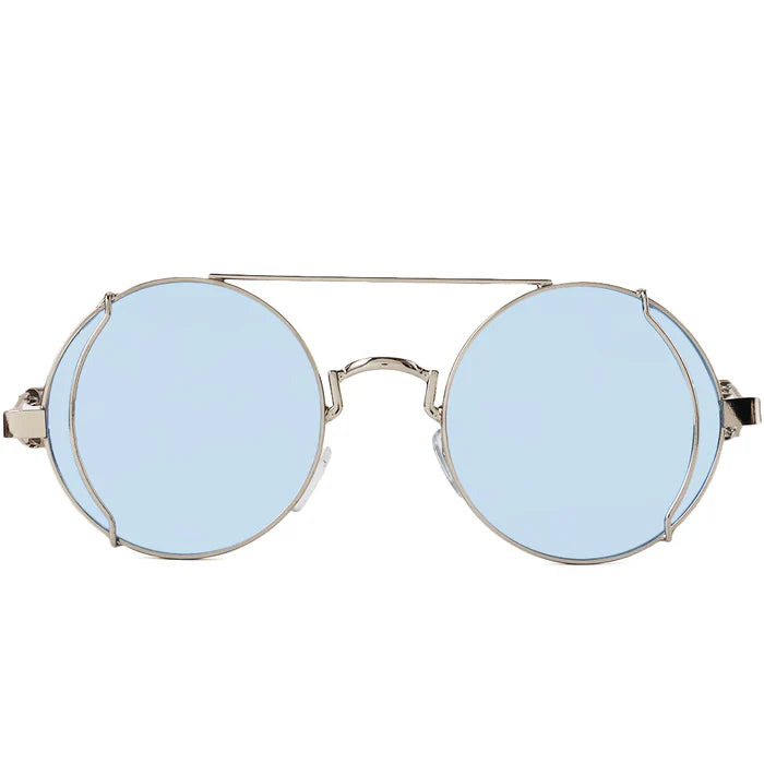 Round sunglasses featuring thin silver frames and translucent light-blue lenses, designed with a vintage double-bridge structure and metal reinforcement accents at the temples.