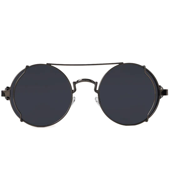Front view of round sunglasses with thin black metal frames, featuring black lenses and a double-bridge structure.