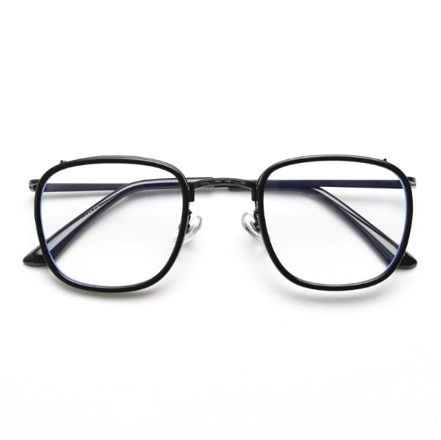 A front view of a pair of black, thin-rimmed, rounded-square glasses, featuring a minimalist metal frame and clear nose pads.