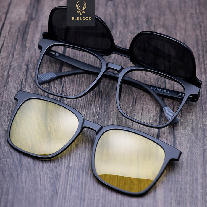 Showcasing a set of magnetic clip-on glasses, featuring a black base frame and detachable black and yellow sunglass lenses.