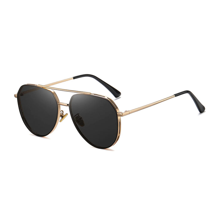 A side view of classic gold, thin-rimmed aviator-style sunglasses, featuring black polarized lenses and black temple tips.