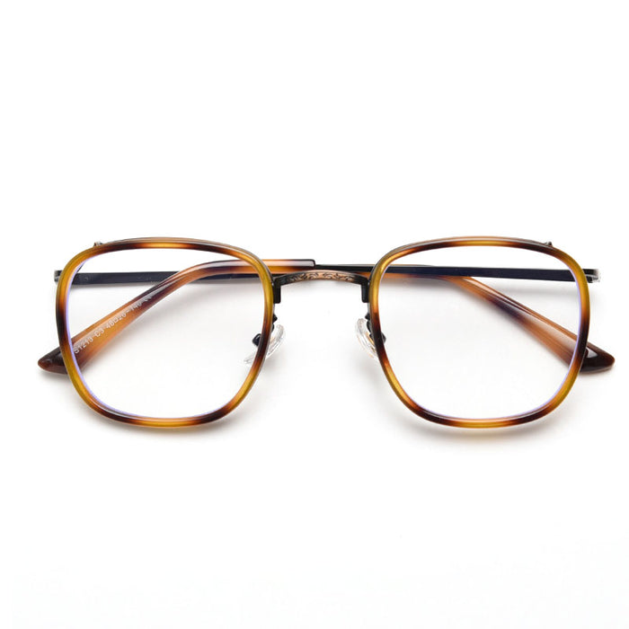 A front view of classic, retro tortoiseshell square-frame glasses, featuring a delicate metal bridge and black temples.