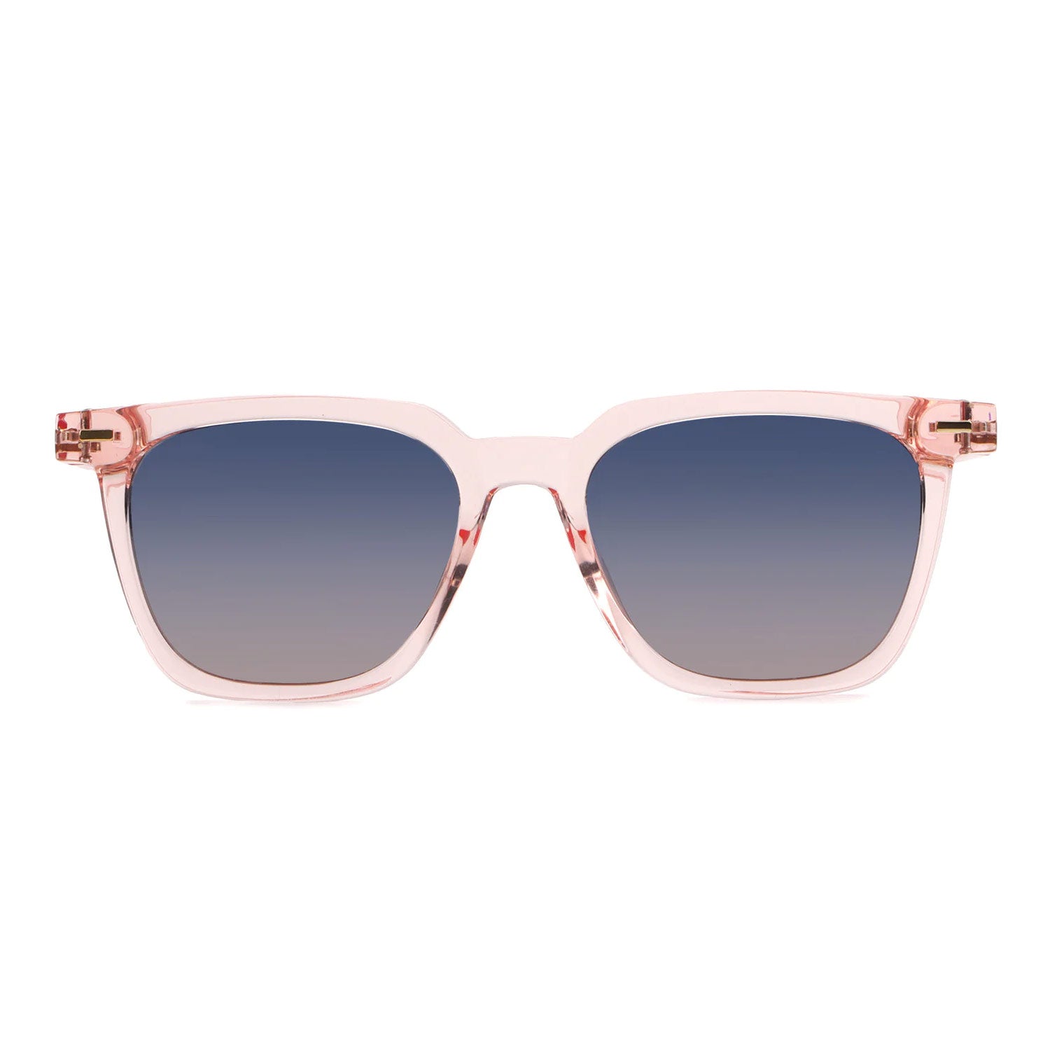 Front view of transparent pale pink, square-framed sunglasses, featuring gradient gray-blue lenses.