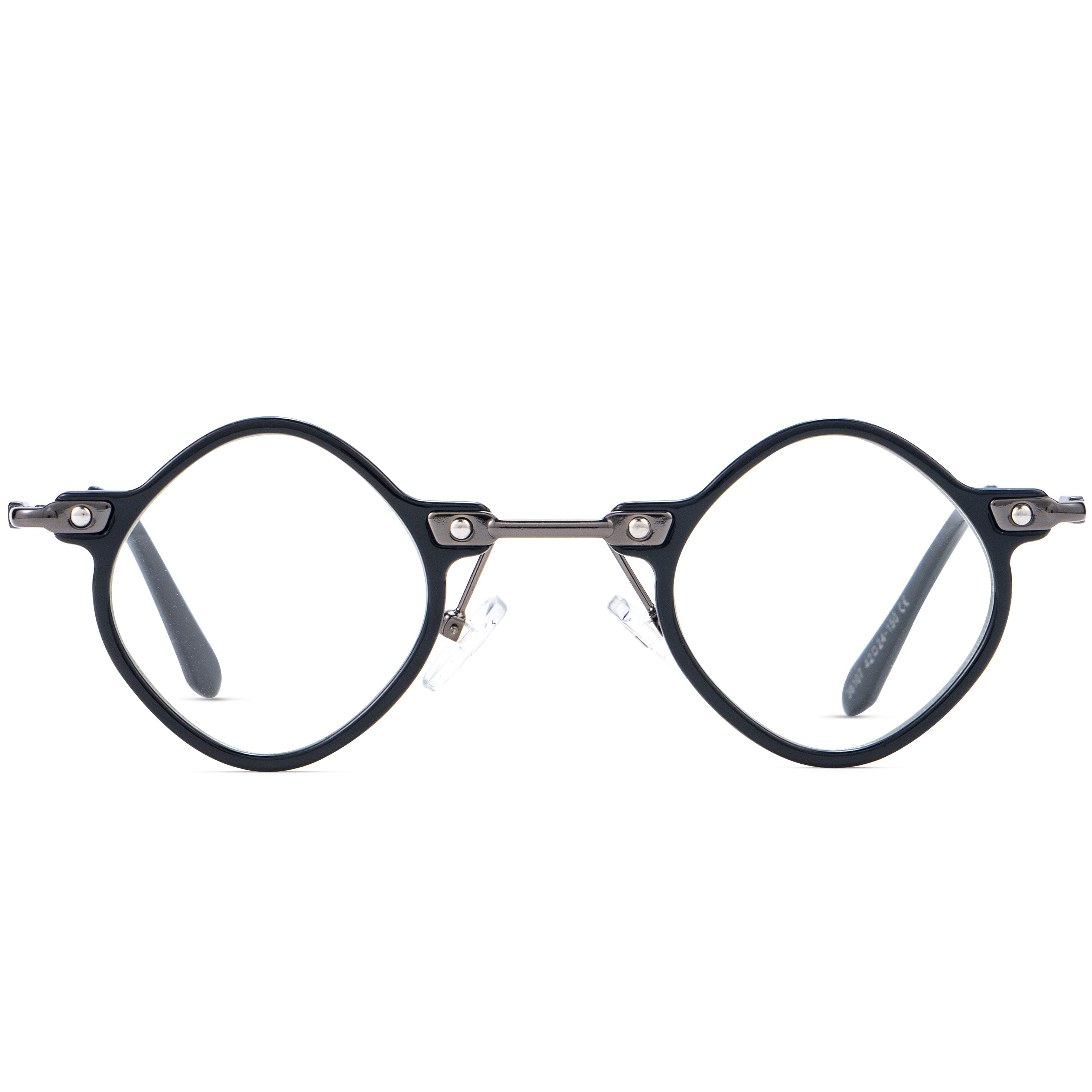 A front view of black, round-framed glasses featuring a unique, mechanical-style design, with prominent silver rivets and metal structural elements visible along the rims and bridge.