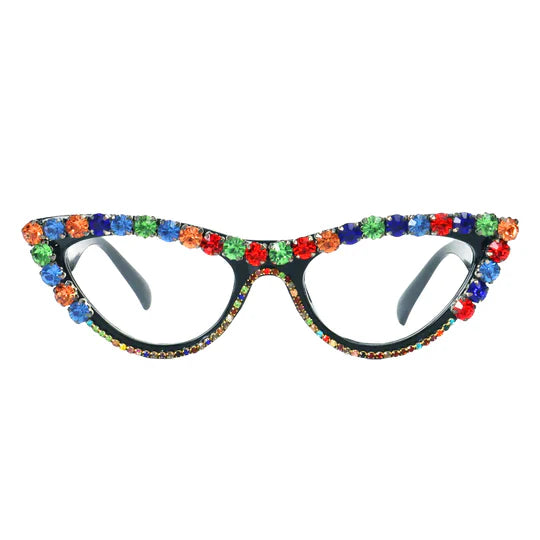 A front view of a pair of glamorous cat-eye glasses, featuring a frame rim encrusted with colorful rhinestones in a variety of hues, including blue, green, orange, and red.