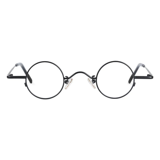 Front view of thin, black metal-rimmed round glasses, featuring a unique high-set bridge design.