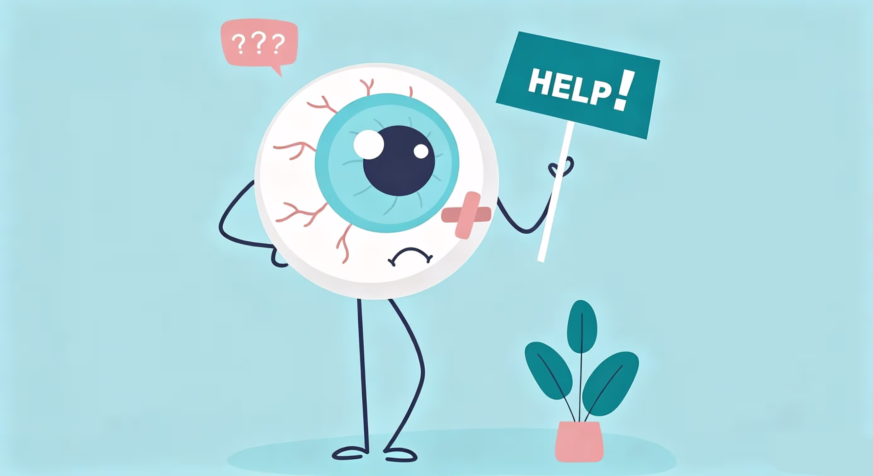 A cartoon character with an eyeball holding a sign asking for help symbolizes an analysis of the causes of eye fatigue, redness, and pain.