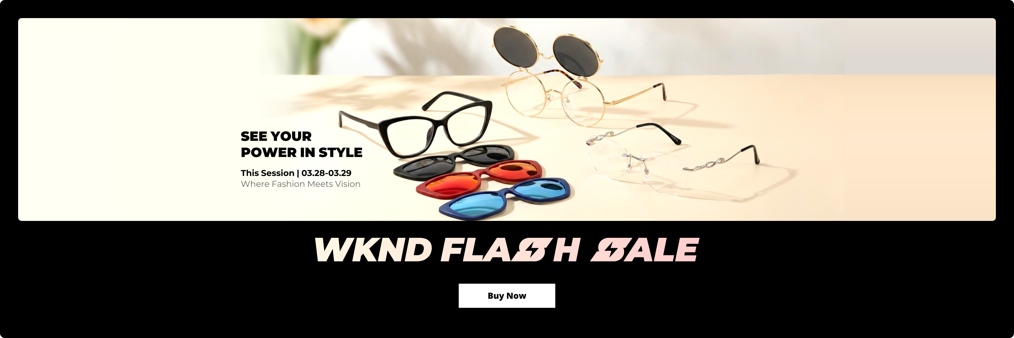 Three pairs of glasses on the table top one pair of round flip-up glasses one pair of magnetic cat-eye glasses and one pair of rimless glasses