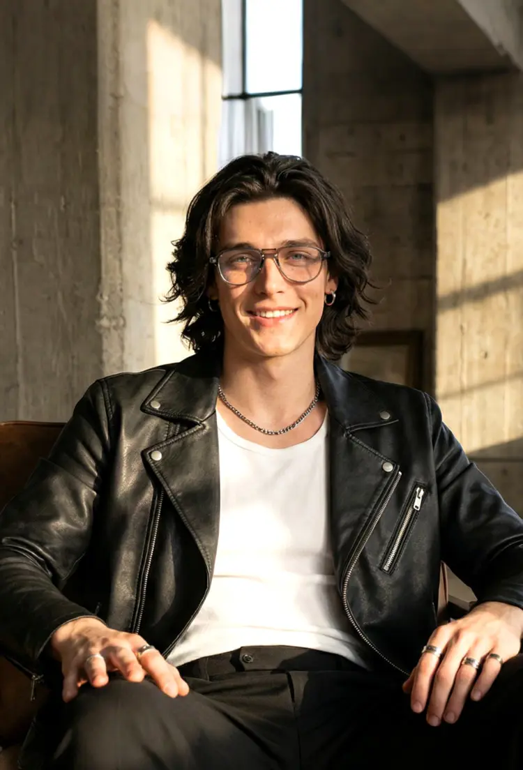 Male model wearing vintage grey aviator acetate eyeglasses indoors with concrete walls and natural light. SPU: AA0062306