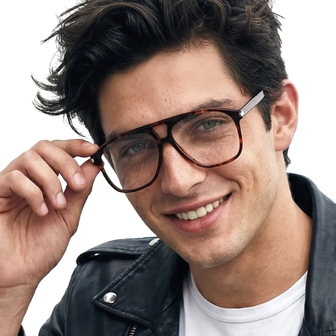 Three-quarter view of male wearing tortoise aviator eyeglasses, holding glasses, friendly smile, AA0062603