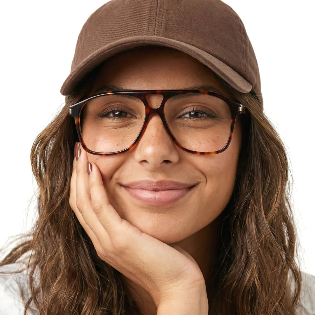 Front view of female wearing tortoise aviator eyeglasses, resting chin on hand, natural smile, AA0062603