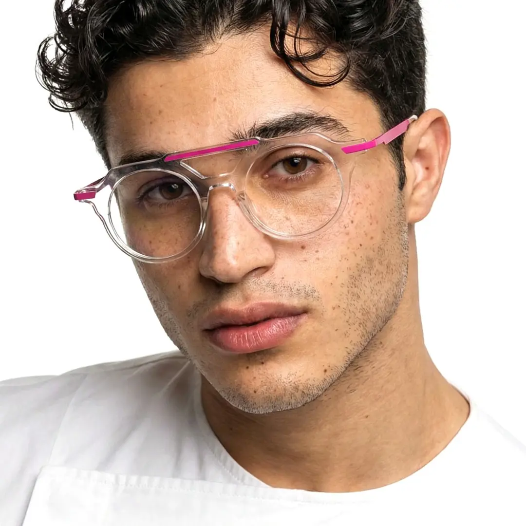 Looking straight ahead view of male wearing clear aviator eyeglasses, natural expression, AA0082302