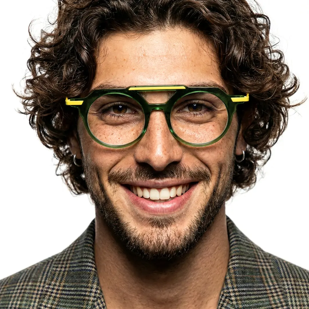 Front view of male wearing green aviator eyeglasses, wide smile, AA0082302