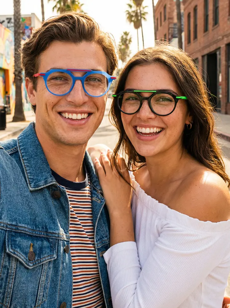 Couple models wearing vintage blue and black aviator acetate eyeglasses on a sunny street with palm trees. SPU: AA0082302