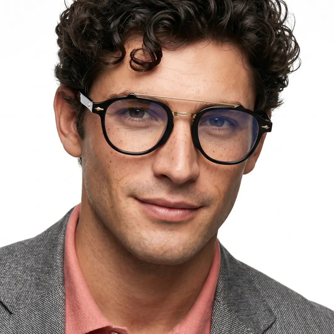 Slightly angled view of male wearing vintage black aviator eyeglasses, neutral expression, AA0142603