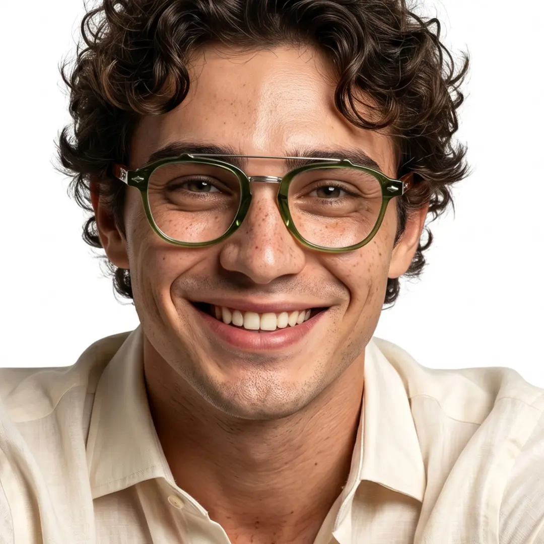Front view of male wearing vintage green aviator eyeglasses, smiling, AA0142603