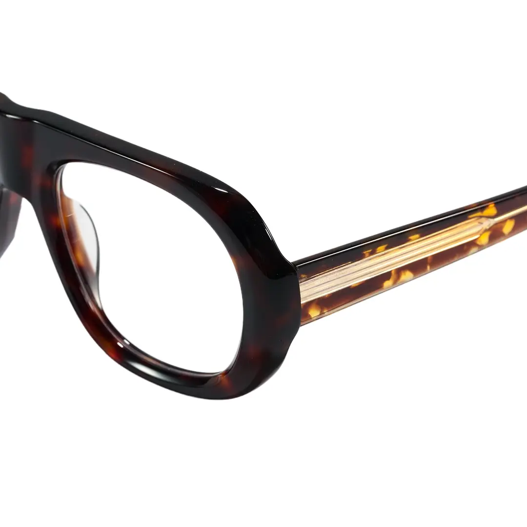 End piece detail of Kaelra vintage aviator acetate eyeglasses AA0242604 in tortoise