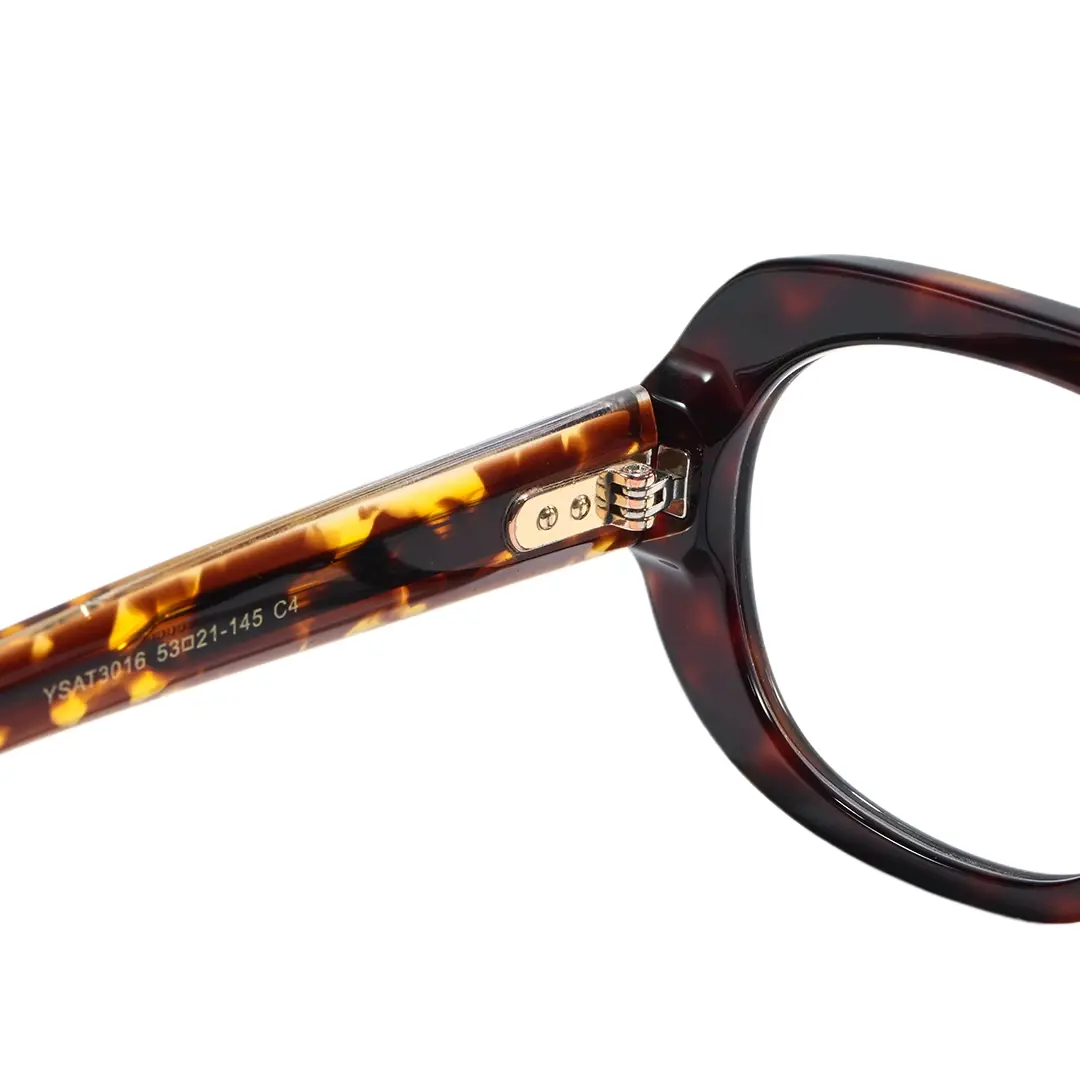 Hinge detail of Kaelra vintage aviator acetate eyeglasses AA0242604 in tortoise
