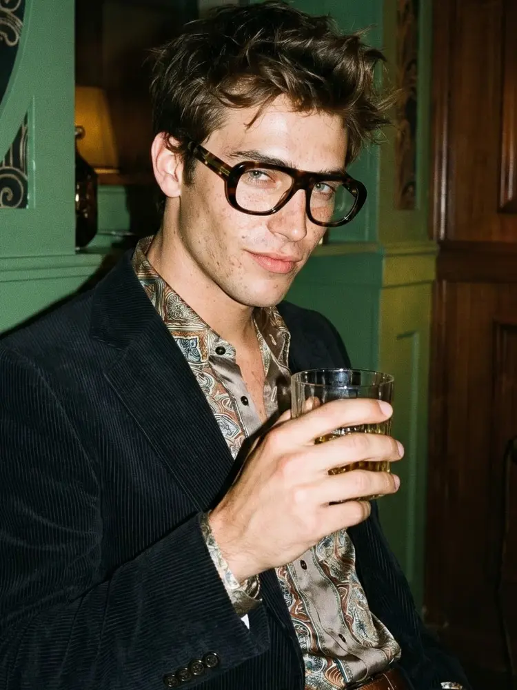 Male model wearing vintage tortoise aviator acetate eyeglasses in a retro-style bar. SPU: AA0242604