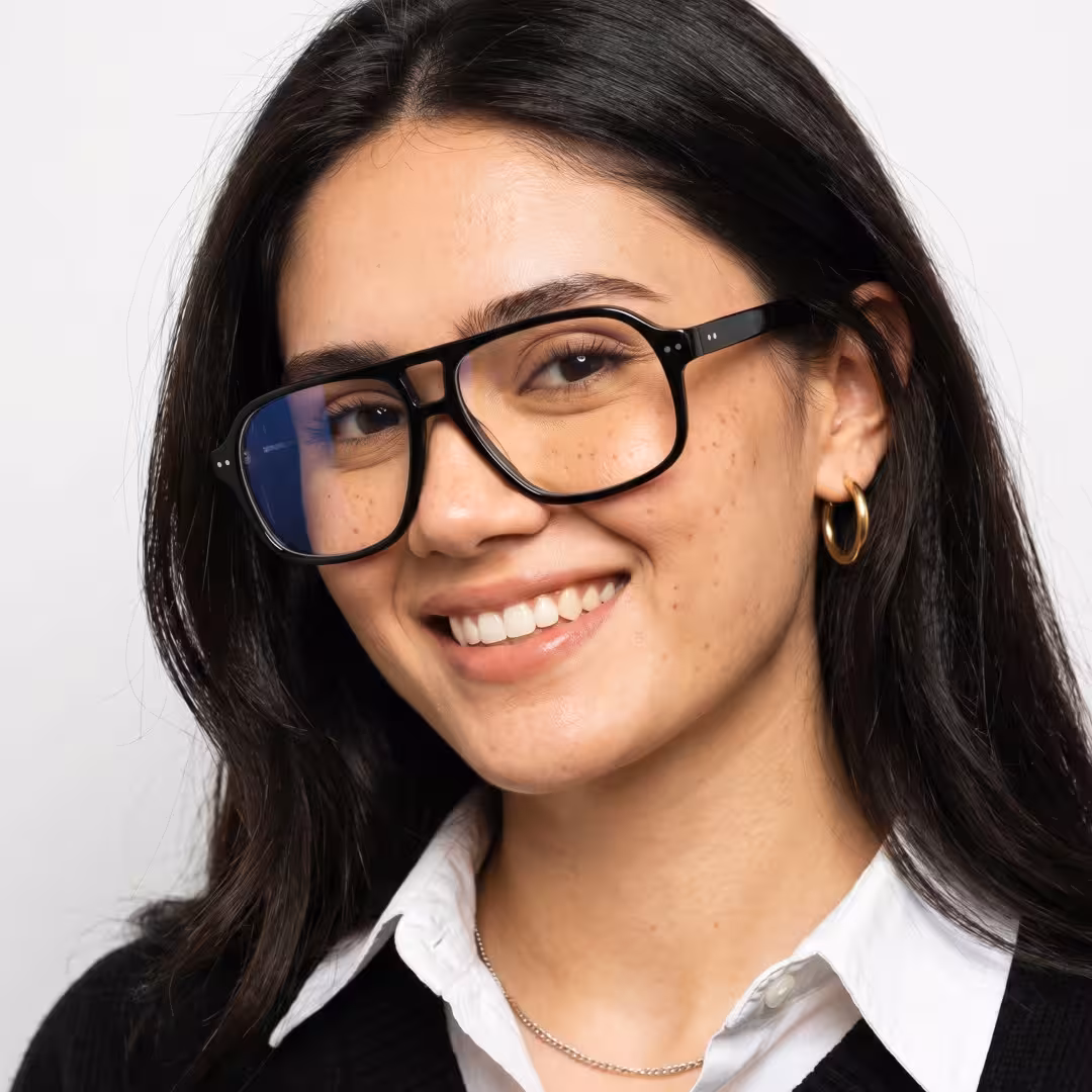 Female wearing vintage black aviator acetate eyeglasses, natural smile. SPU: AA0322605