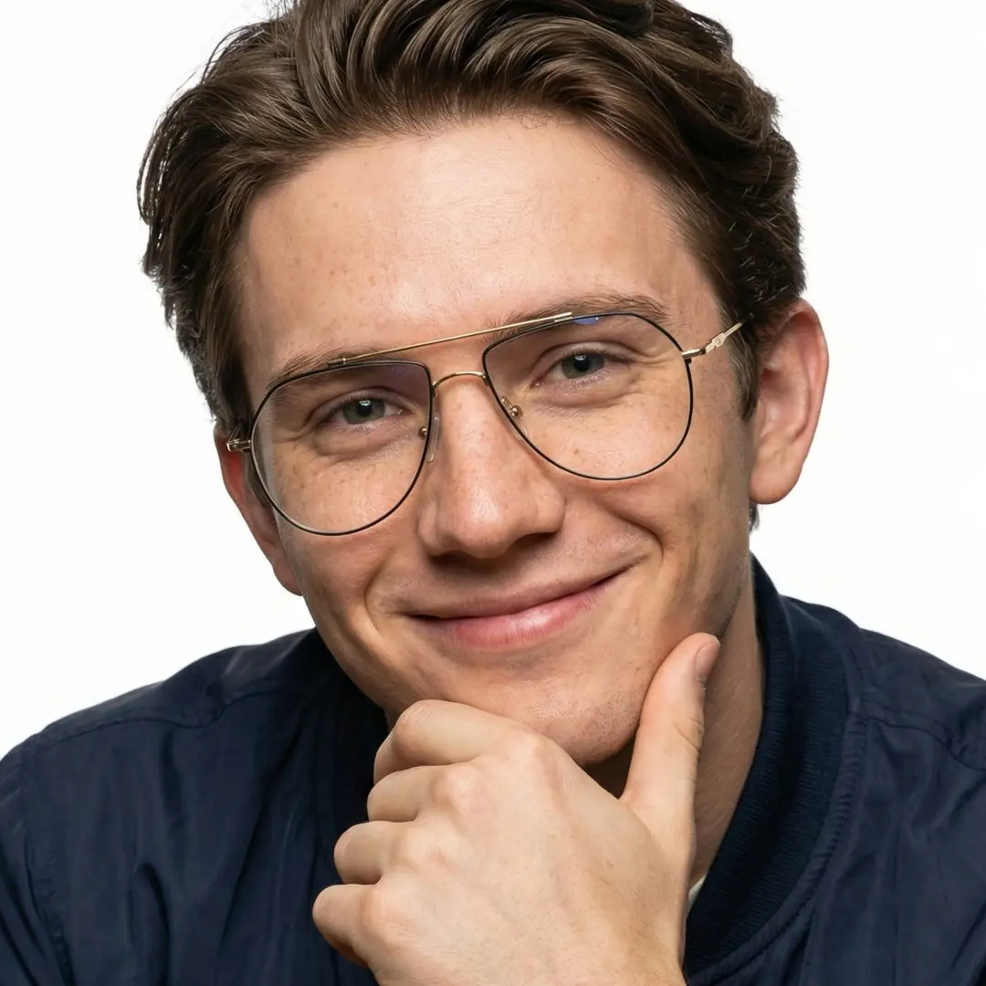 Close-up view of male wearing black aviator eyeglasses, resting chin on hand, friendly smile, AM0022603