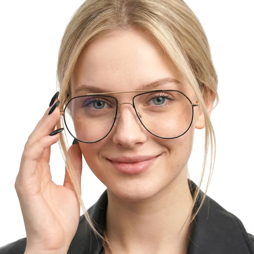 Front view of female wearing black aviator eyeglasses, touching frame, soft smile, AM0022603