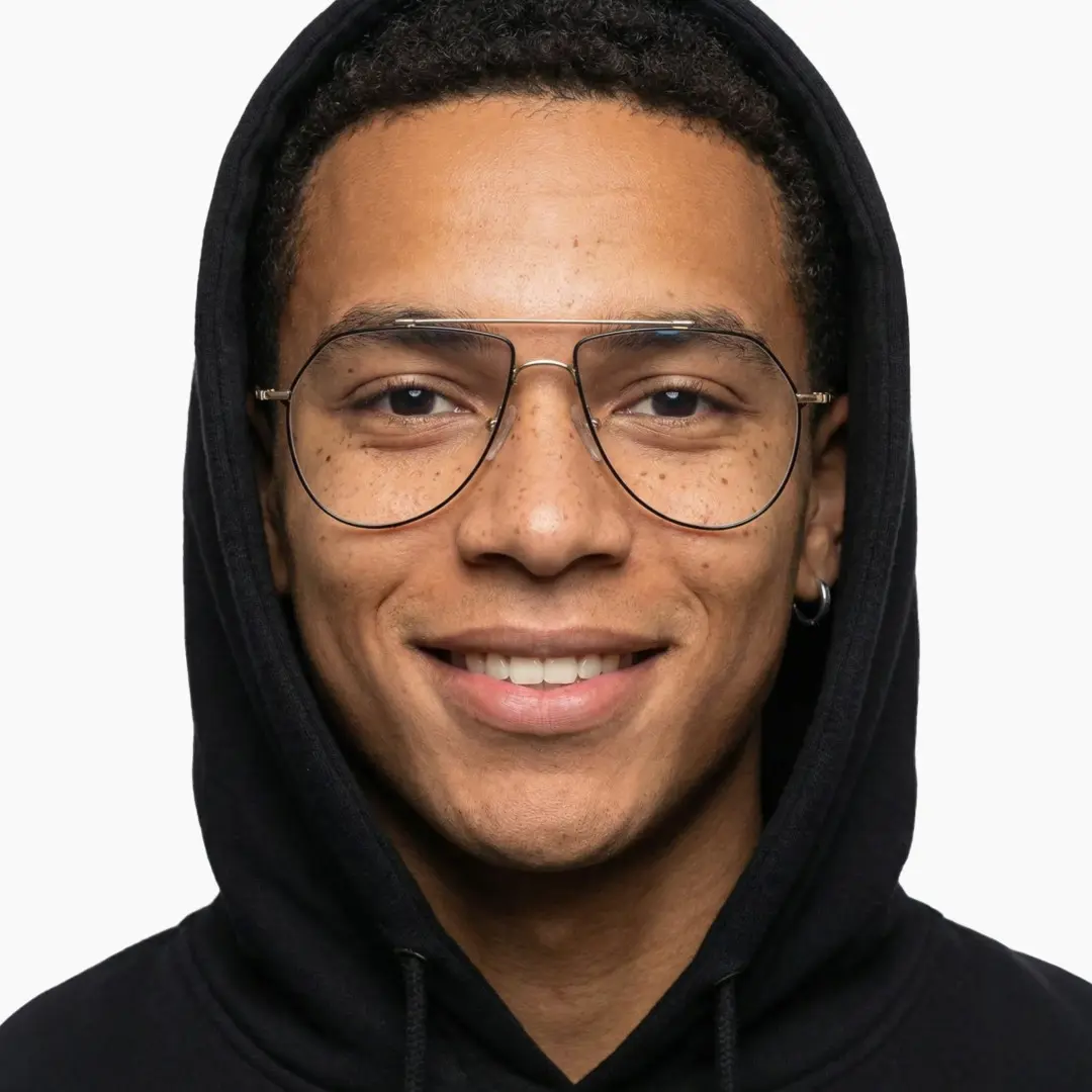 Front view of male wearing vintage black aviator eyeglasses, confident expression, AM0022603