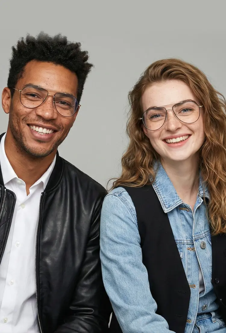 Couple model wearing vintage black aviator metal eyeglasses in a leather jacket and a denim shirt smiling together against a studio light grey background. SPU: AM0022603