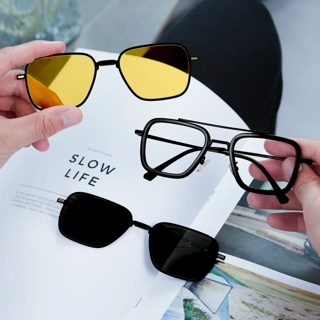 Scene close up view of zarek aviator metal eyeglasses AM0192409 in black