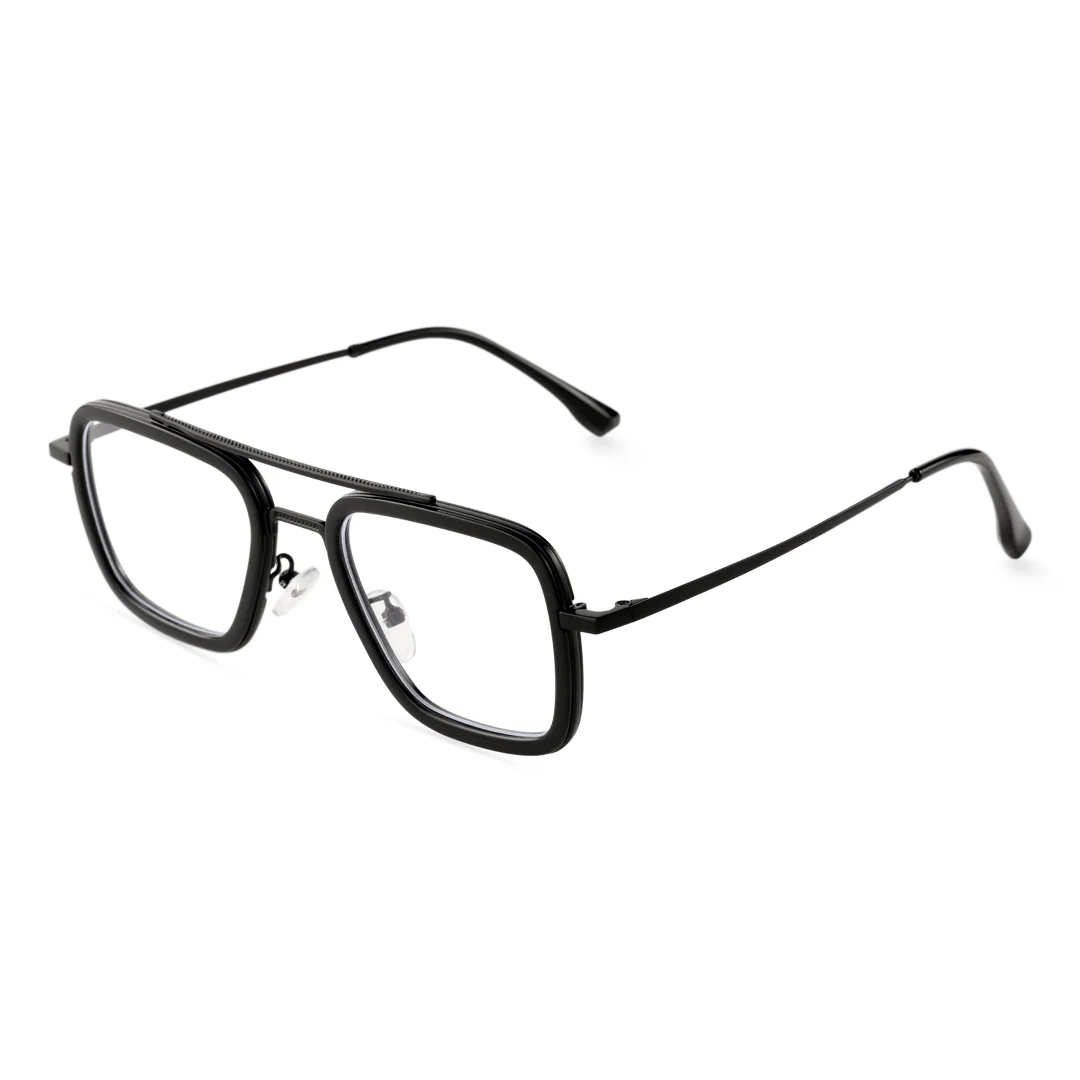 Angle view of Zarek aviator metal magnetic clip-on eyeglasses set with interchangeable toppers AM0192409 in black