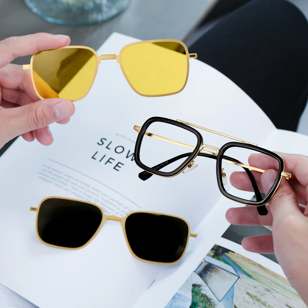 Scene view of Zarek fashion aviator metal magnetic clip-on eyeglasses set with interchangeable toppers AM0192409 in gold