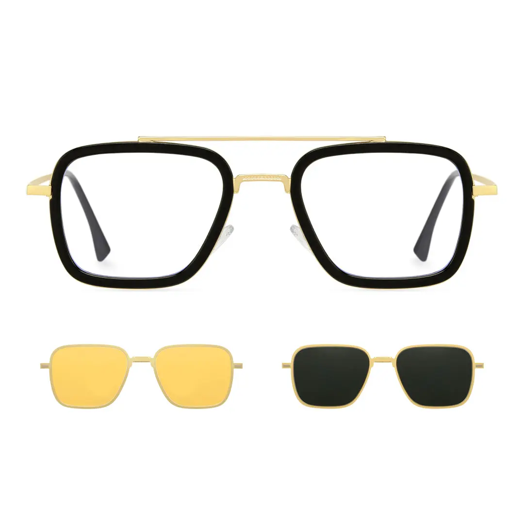 Set view of Zarek fashion aviator metal magnetic clip-on eyeglasses set with interchangeable toppers AM0192409 in gold