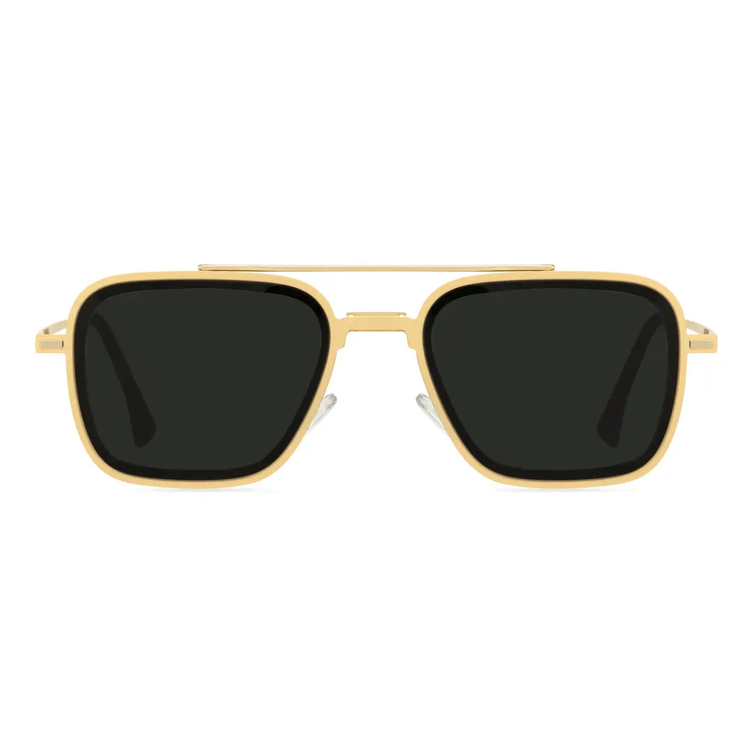 Front view of Zarek aviator metal magnetic clip-on eyeglasses set with black toppers AM0192409 in gold