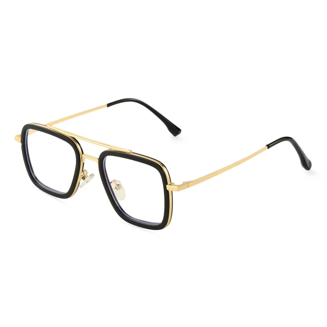Angle view of Zarek aviator metal magnetic clip-on eyeglasses set with interchangeable toppers AM0192409 in gold
