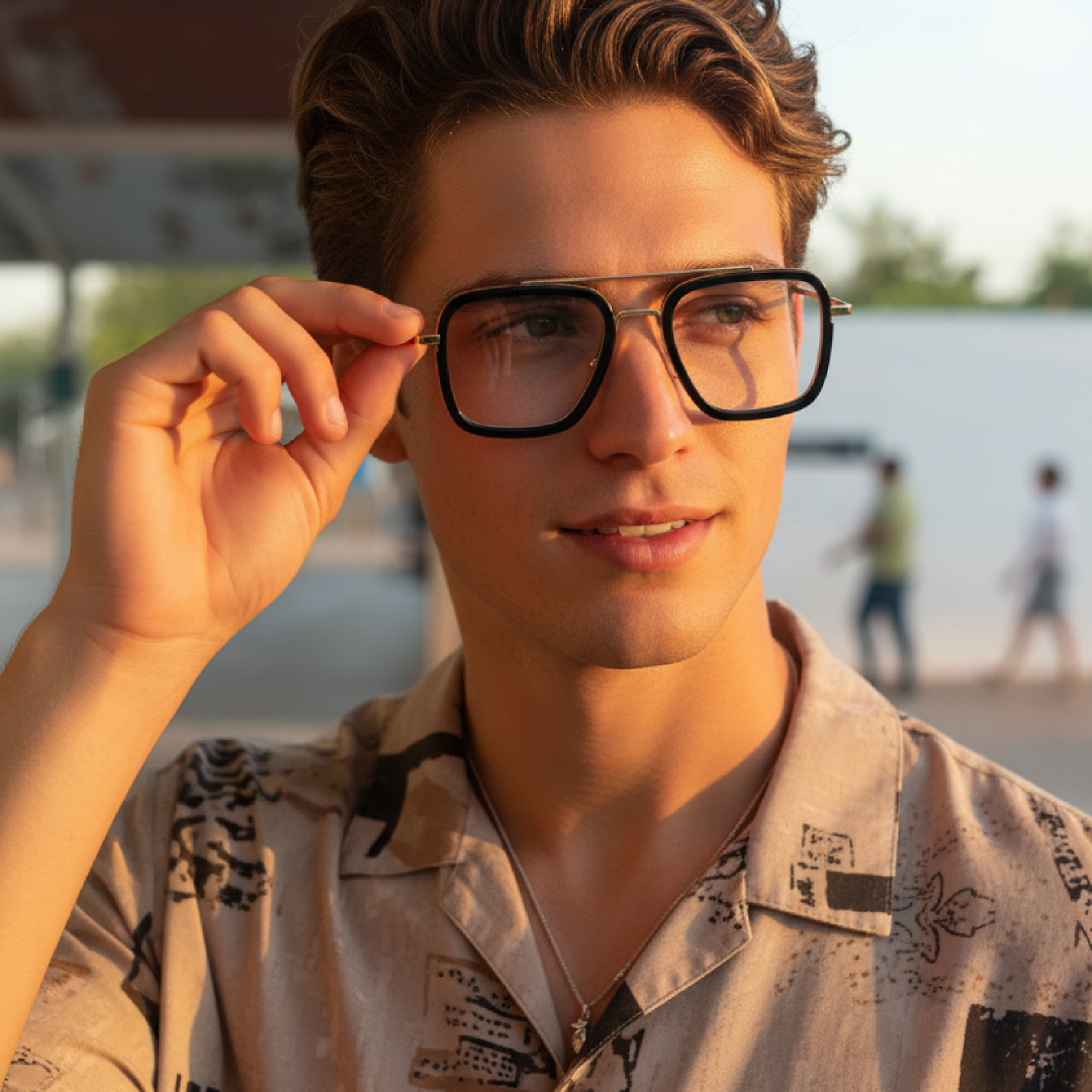 Three-quarter view of male wearing gold aviator magnetic clip-on eyeglasses set with interchangeable toppers, touching frame, natural smile, AM0192409