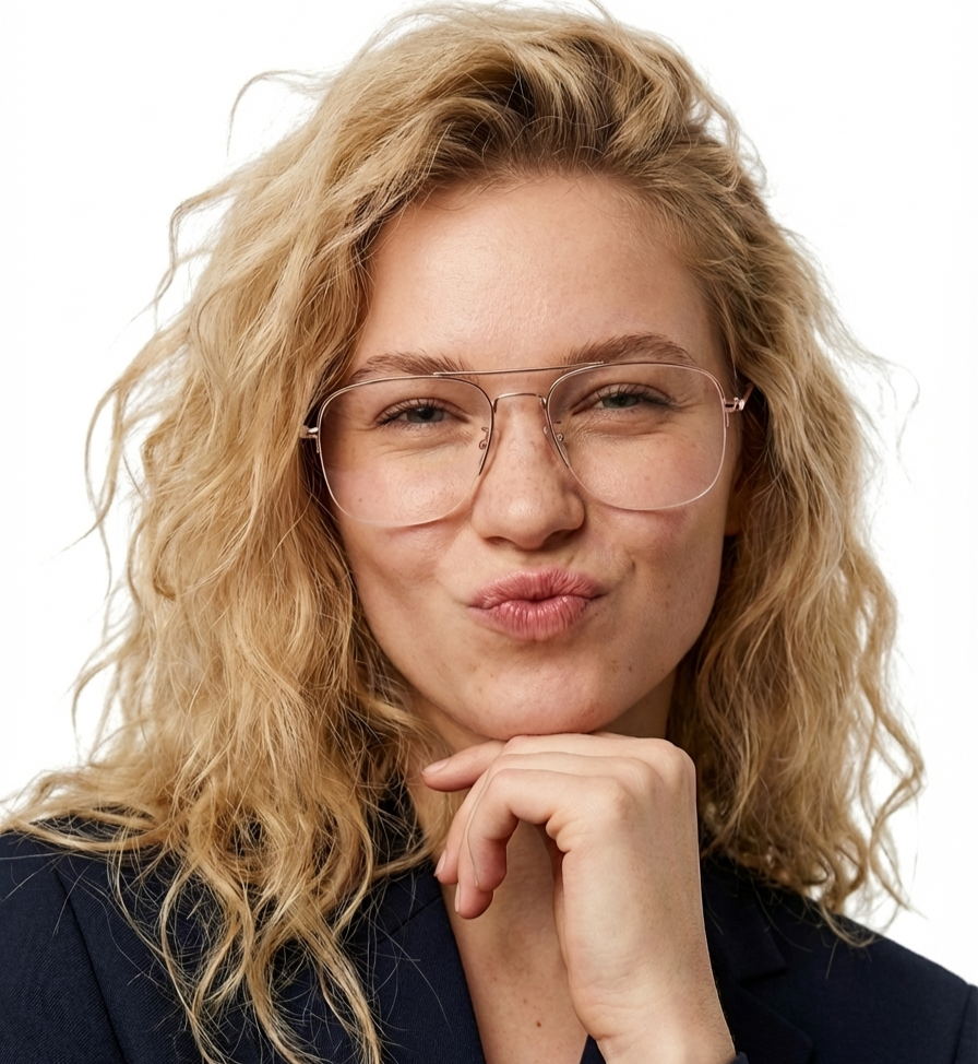 Front view of female wearing gold aviator eyeglasses, resting chin on hand, smiling, AM0202603