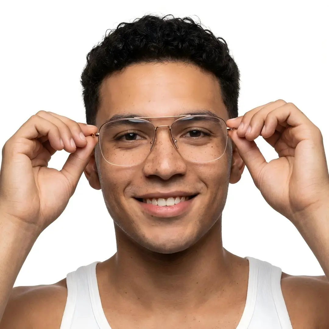 Male wearing vintage gold aviator metal eyeglasses, confident expression while adjusting glasses. SPU: AM0202603