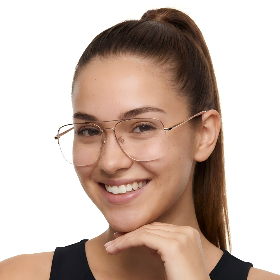 Female wearing vintage gold aviator metal eyeglasses, natural smile while resting chin on hand. SPU: AM0202603