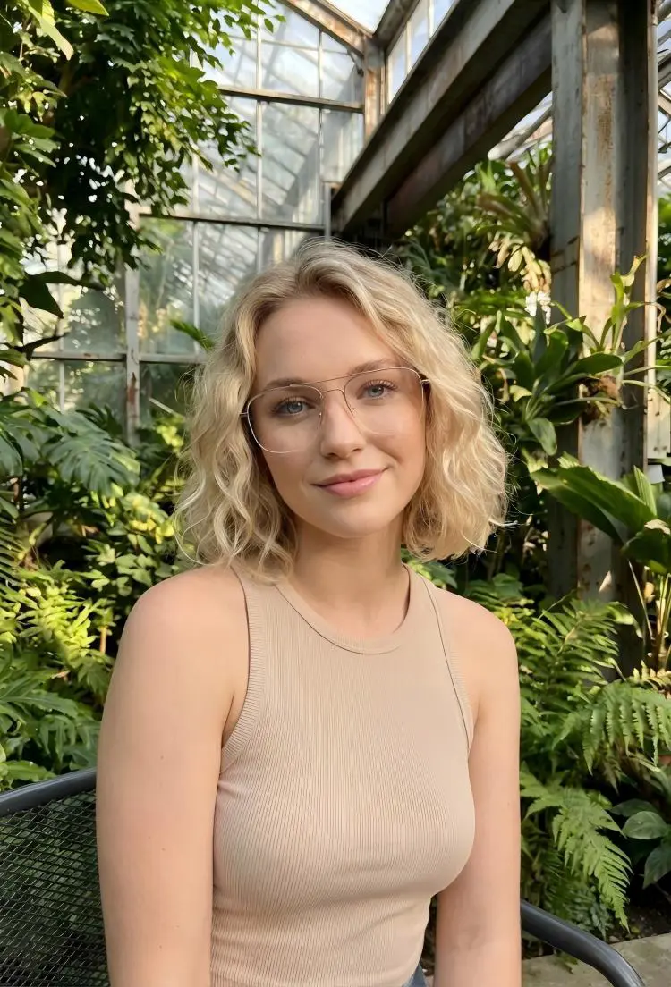 Female model wearing vintage gold aviator metal eyeglasses inside a lush botanical greenhouse. SPU: AM0202603