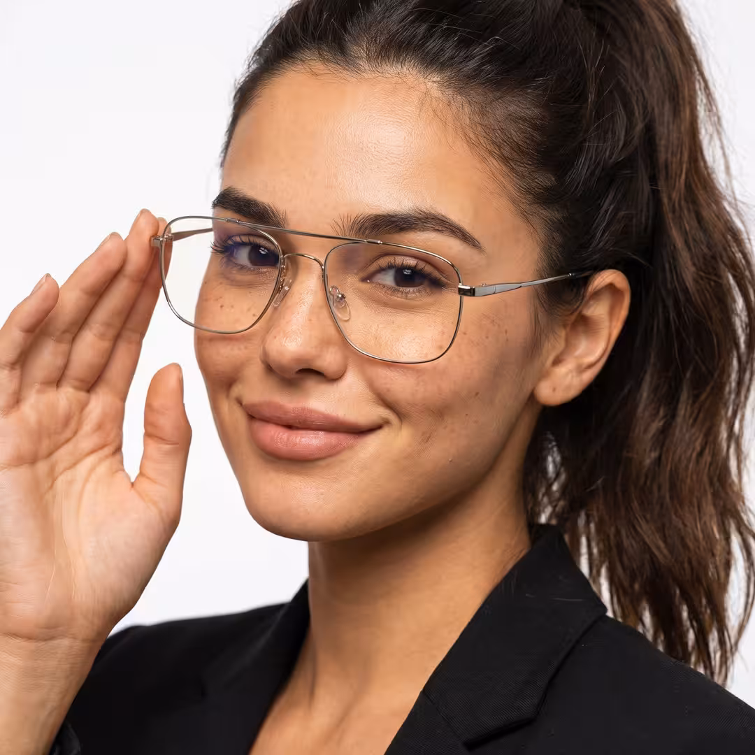 Female wearing sliver aviator metal eyeglasses, natural smile while touching frame. SPU: AM0202605