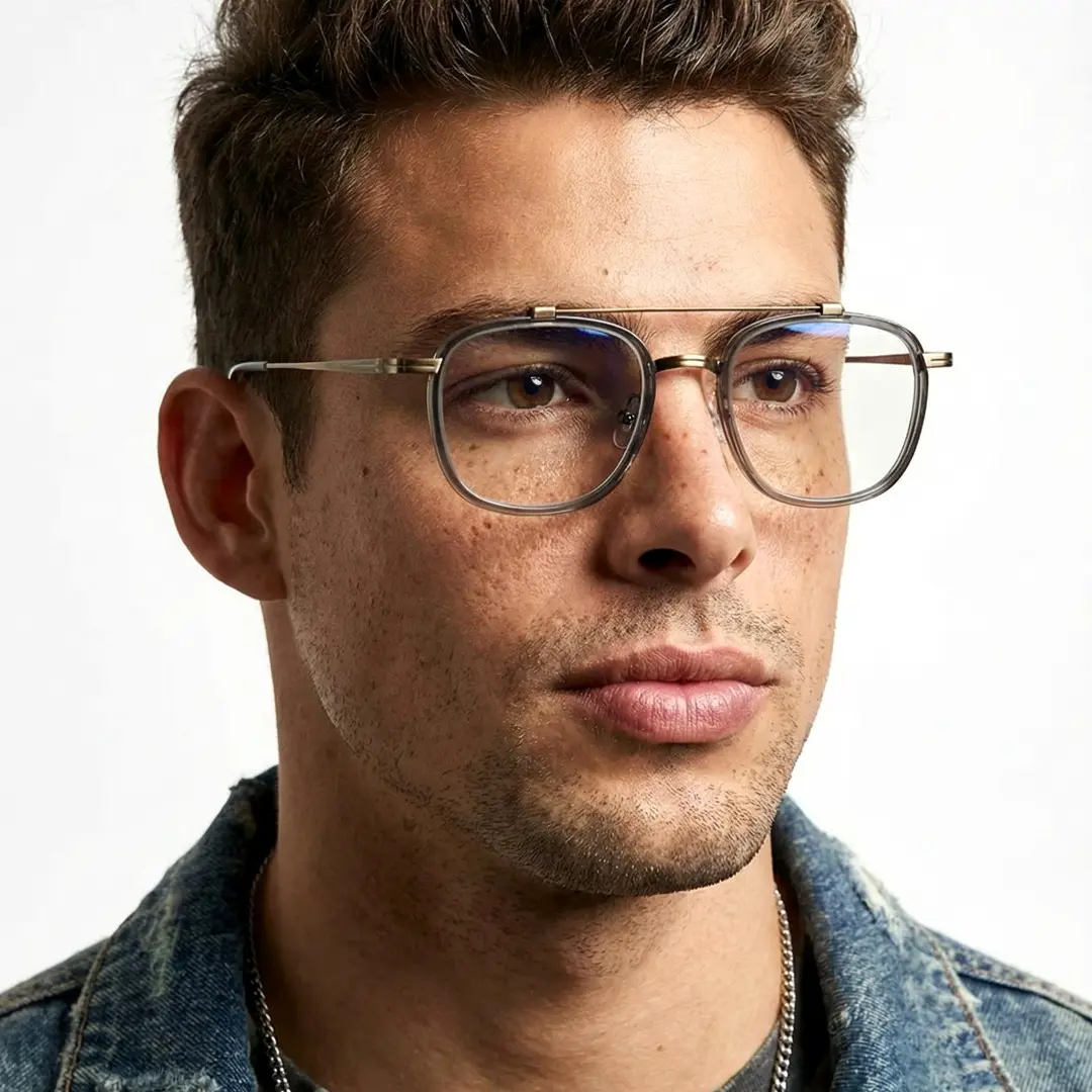 Looking away view of male wearing bronze aviator eyeglasses, neutral expression, AM0242410