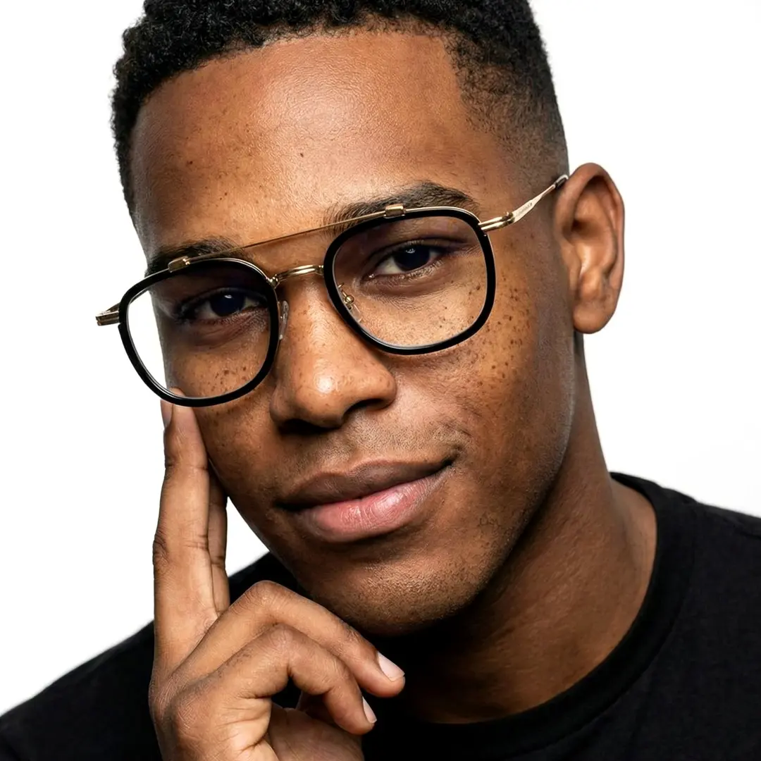 Front view of male wearing gold aviator eyeglasses, hand near face, soft smile, AM0242410