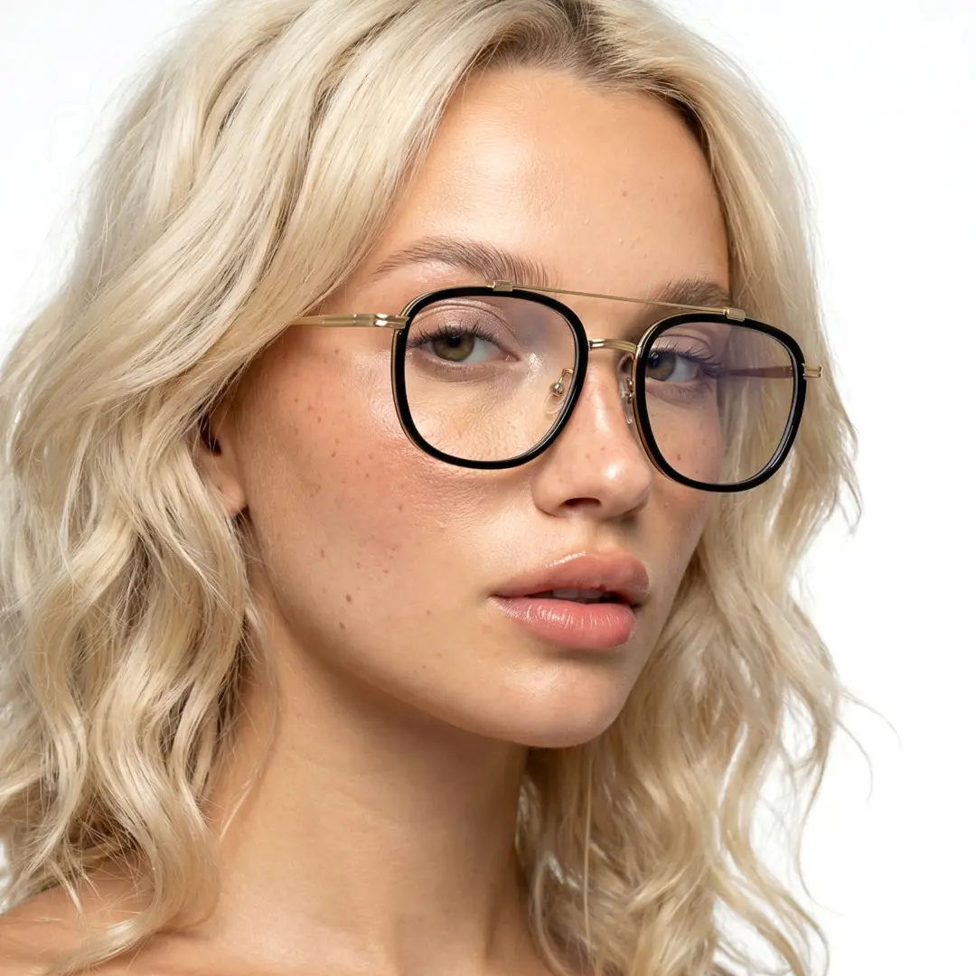 Three-quarter view of female wearing gold aviator eyeglasses, calm expression, AM0242410