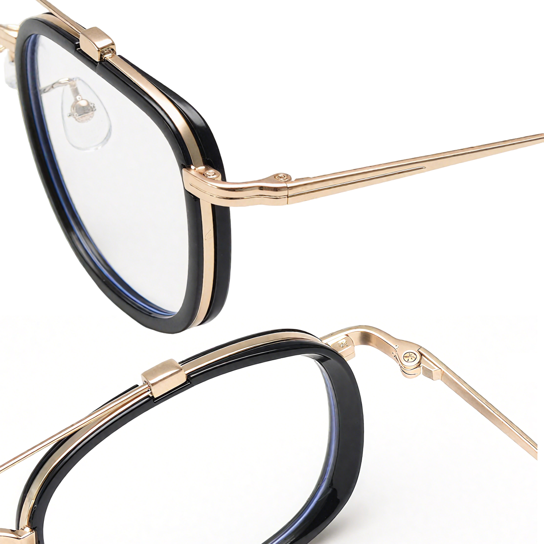 Spring hinge detail of Rayan aviator metal eyeglasses AM0242410 in gold