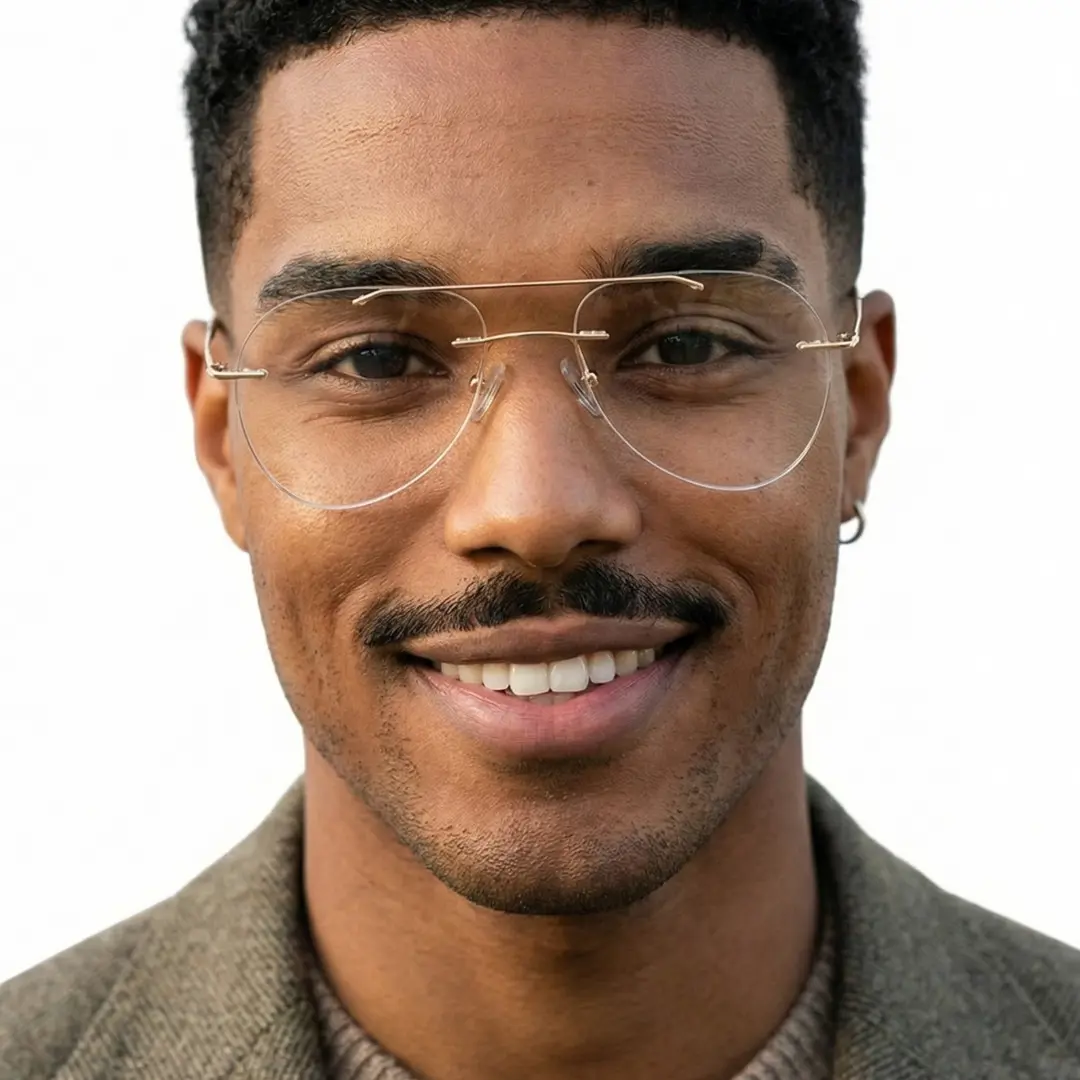 Close up of male wearing gold aviator eyeglasses, friendly smile, AM0492506